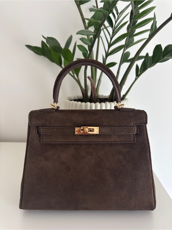 Handbags - Kelly Inspired Genuine Suede Handbag Chocolate Brown